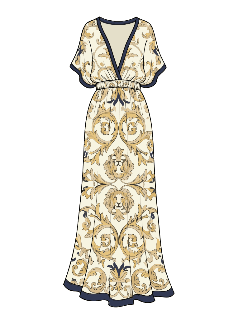Coloured sketch of a couture baroque maxi dress with gold scroll print
