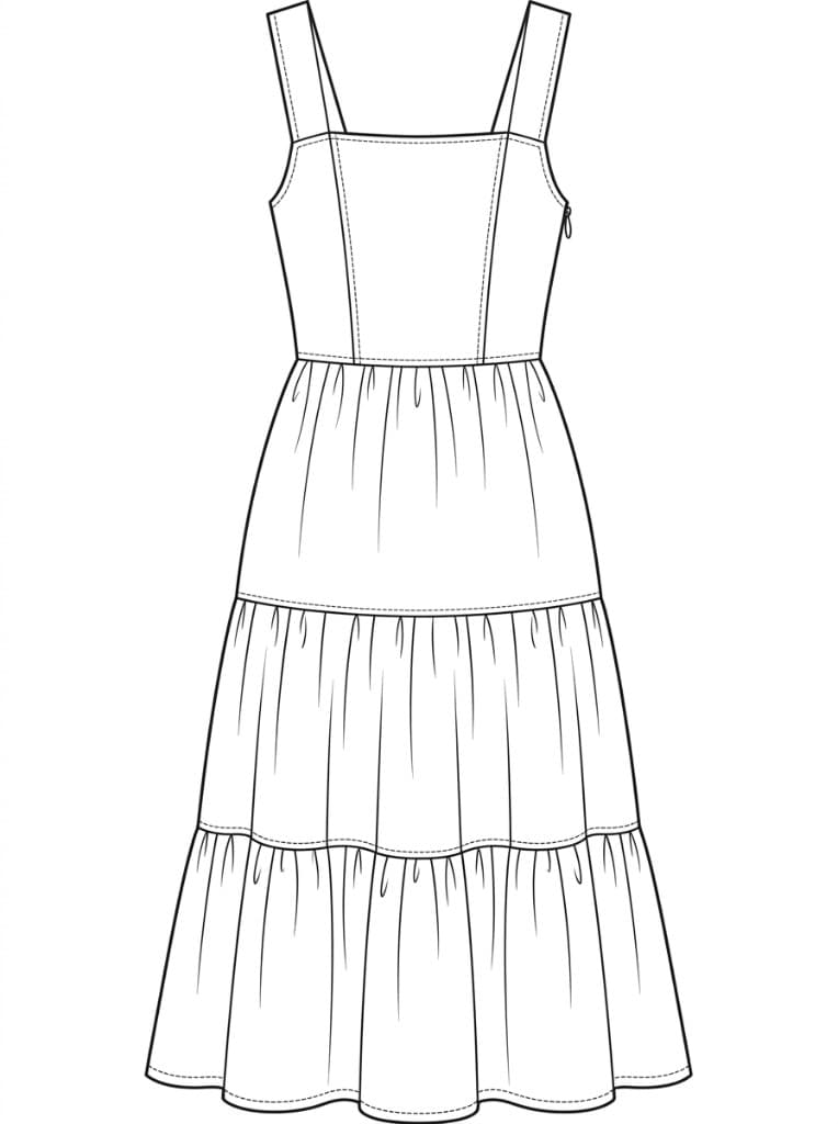 Flat sketch of a Majolica print tiered resort dress