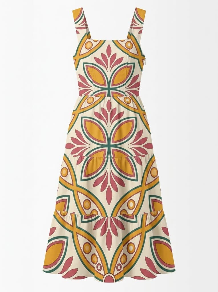 Product mockup of a Majolica print tiered resort dress