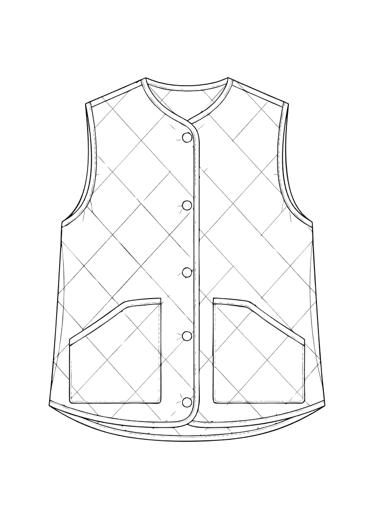 Technical flat of a quilted liner gilet showing stitch lines and binding details