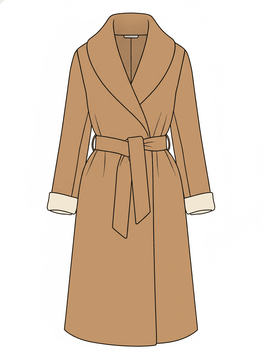 Detailed coloured CAD of a sculpted wool wrap coat