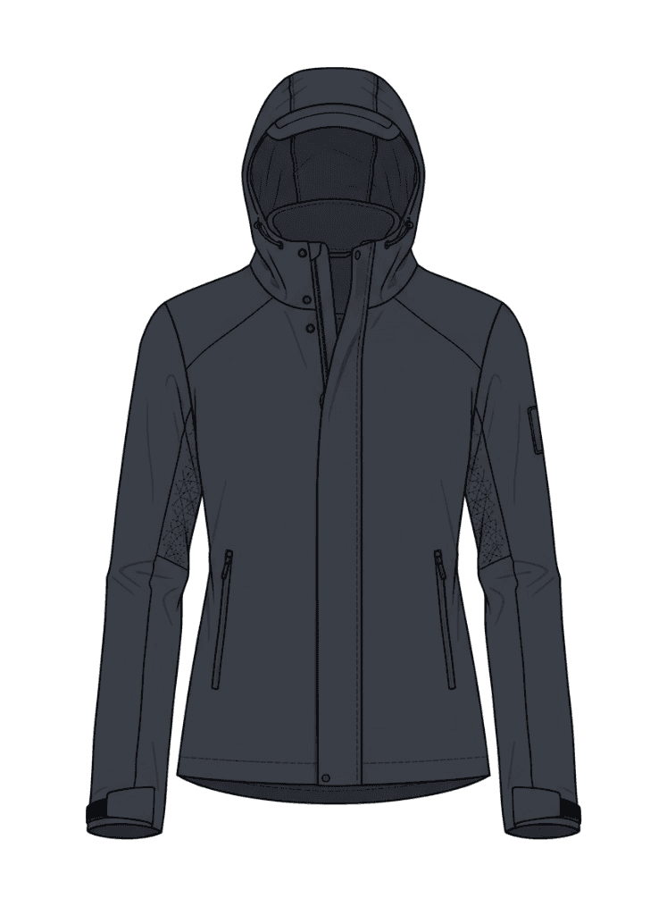Women's technical jacket CAD generated in clothink — hood, storm flap and panel construction