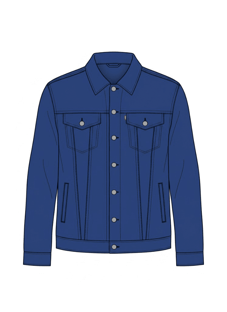 Denim jacket technical flat generated in Clothink — construction lines and panel structure