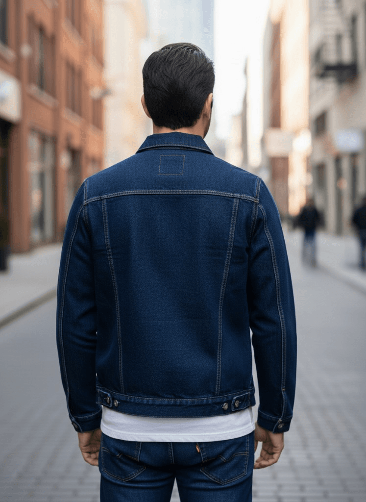 Back model view of photoreal denim jacket mockup from clothink marketing assets