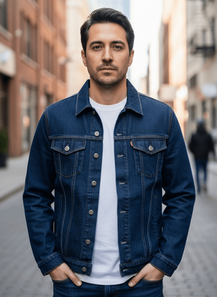 Photoreal denim jacket mockup on model — front view after CAD-to-mockup generation