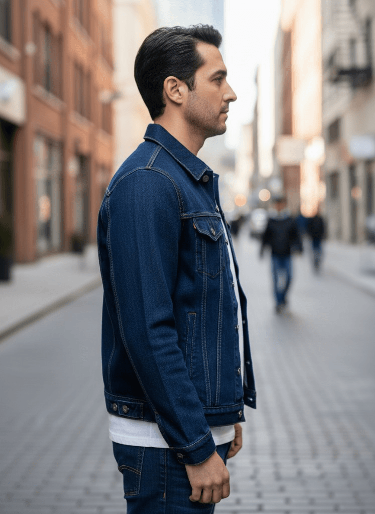 Side model view of photoreal denim jacket mockup from clothink marketing assets