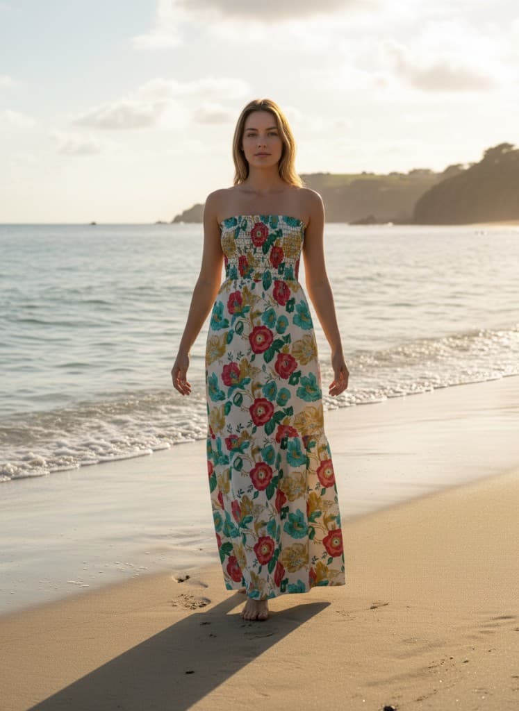 Front beach mockup of bohemian floral maxi dress — photoreal clothink output