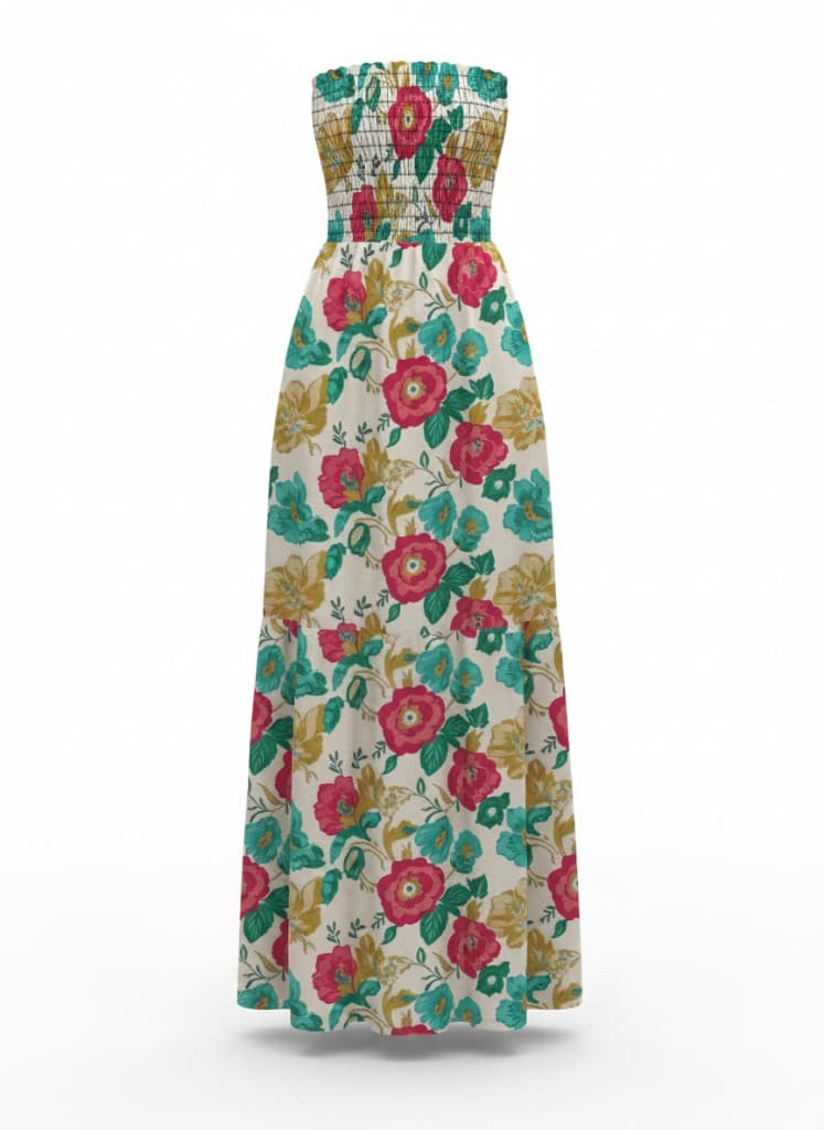 Bohemian floral maxi dress product still — photoreal studio-style presentation