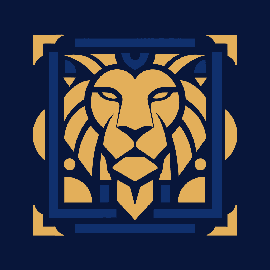 Couture heraldic lion placement graphic in blue and gold