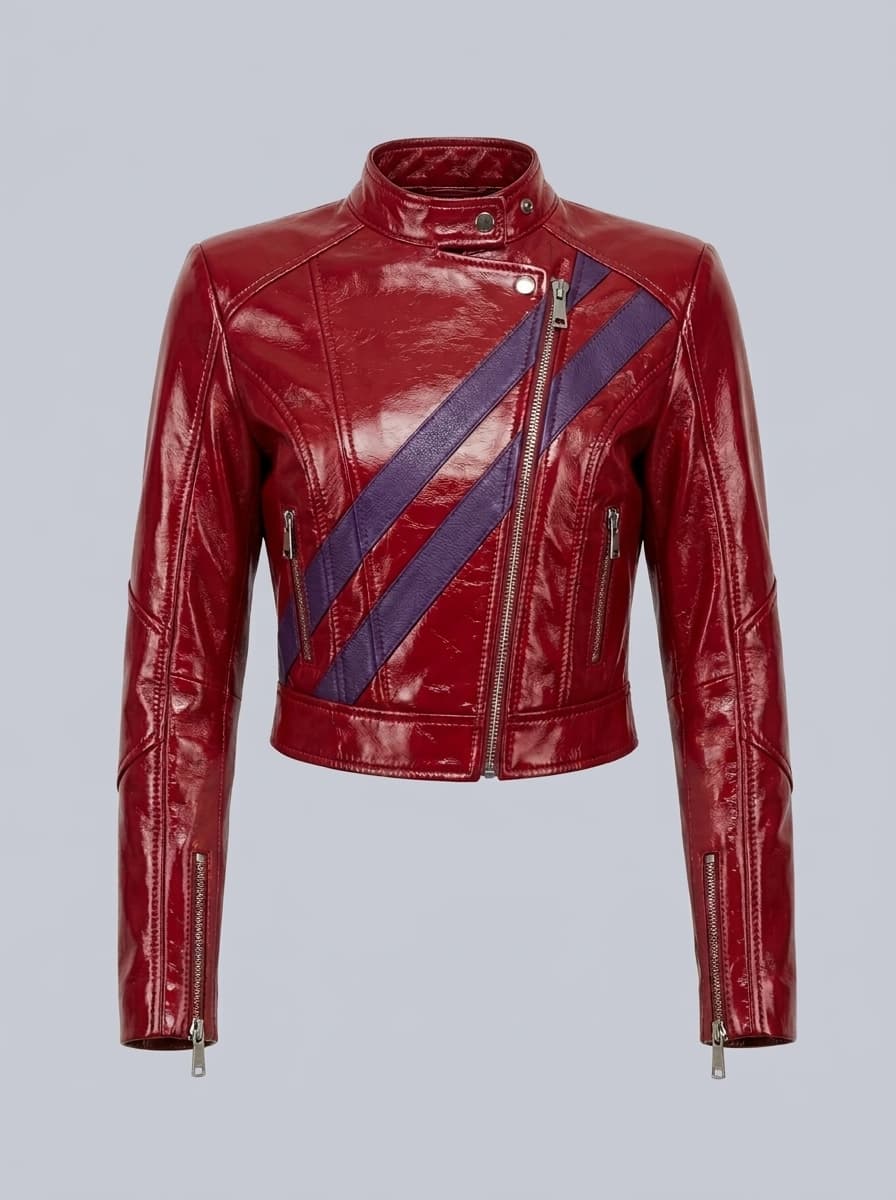 Studio product mockup of a cherry red moto jacket with violet racing stripe, generated in clothink