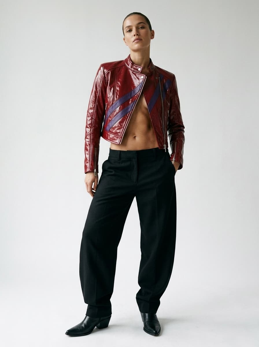 On-model mockup of a cherry red moto jacket with violet racing stripe, generated in clothink