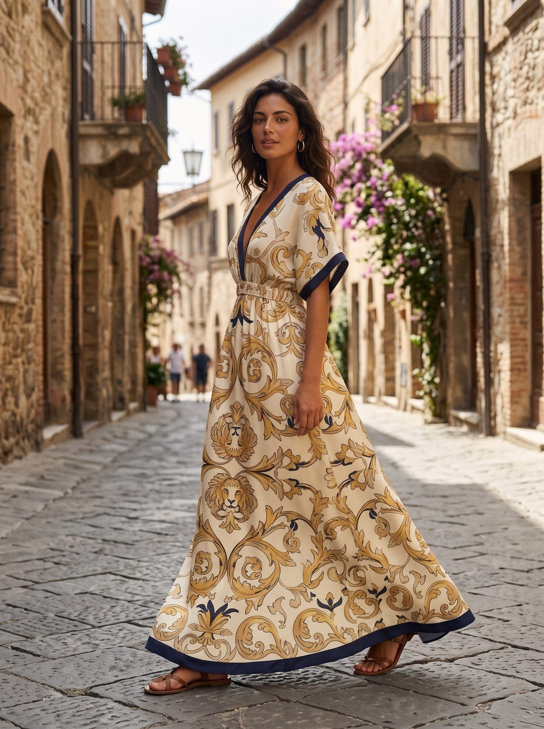 On-model photoreal mockup of a couture baroque maxi dress in a sun-lit street