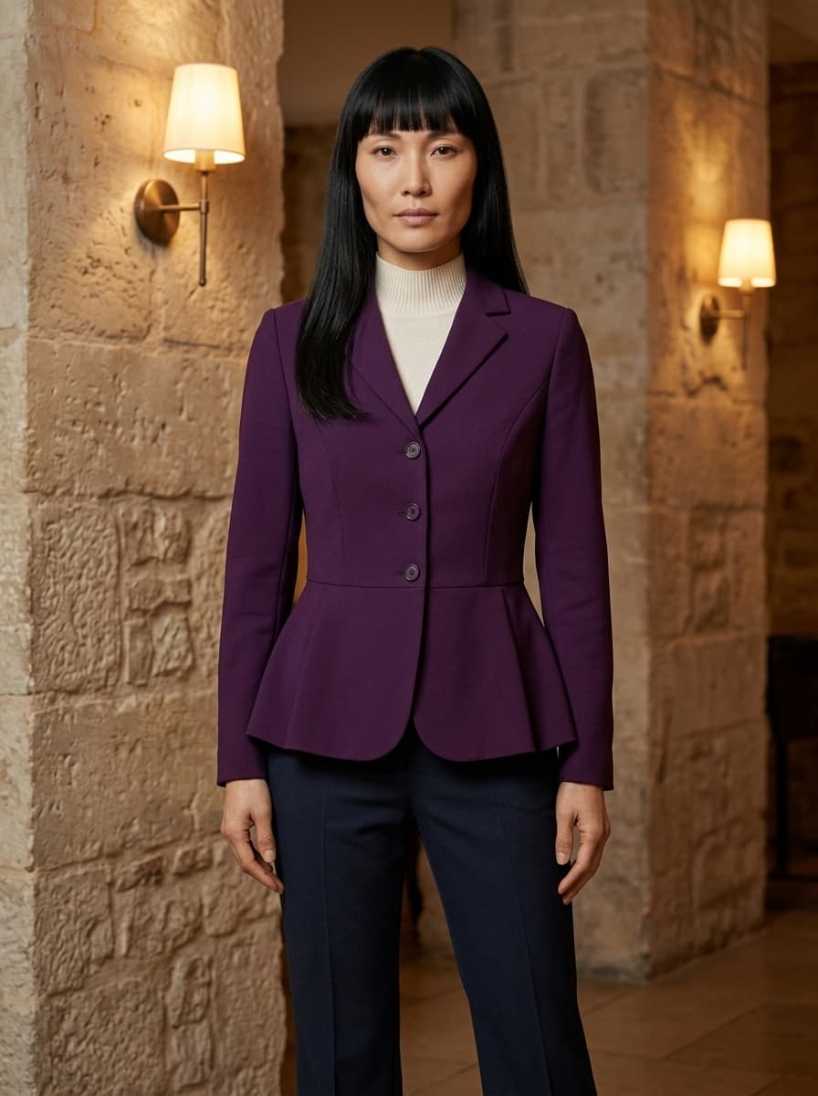 On-model photoreal mockup of the funnel knit, kick-flare trouser and peplum jacket styled as one outfit