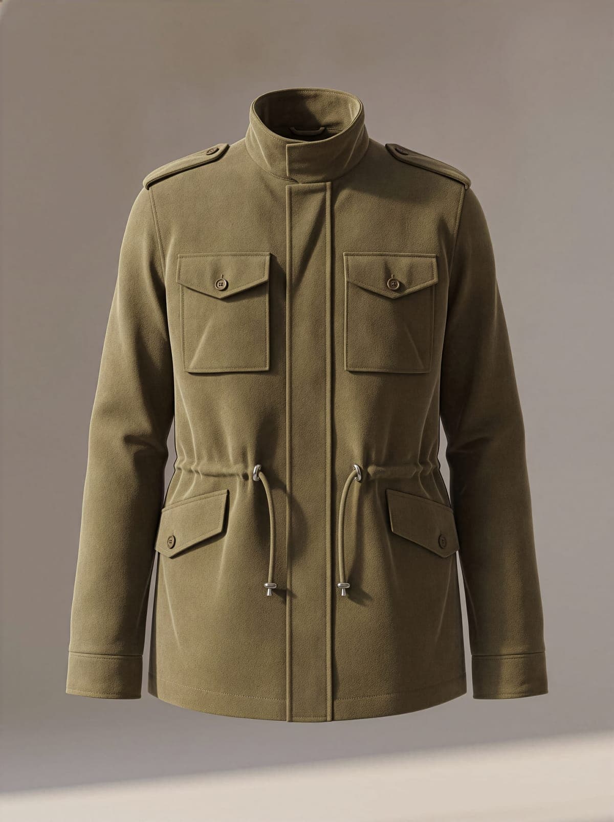 Studio product mockup of an olive utility field jacket