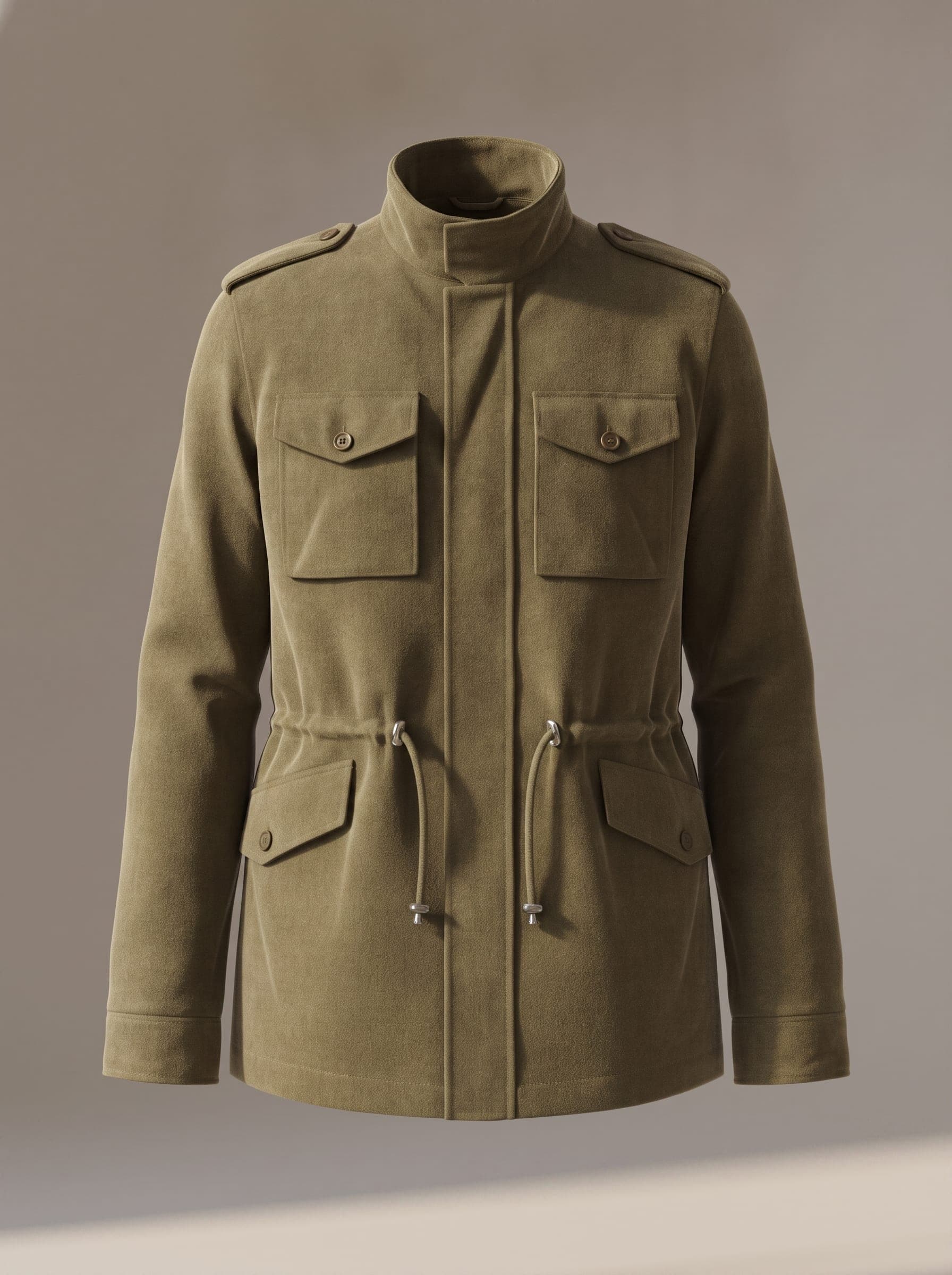 Studio product mockup of an olive utility field jacket