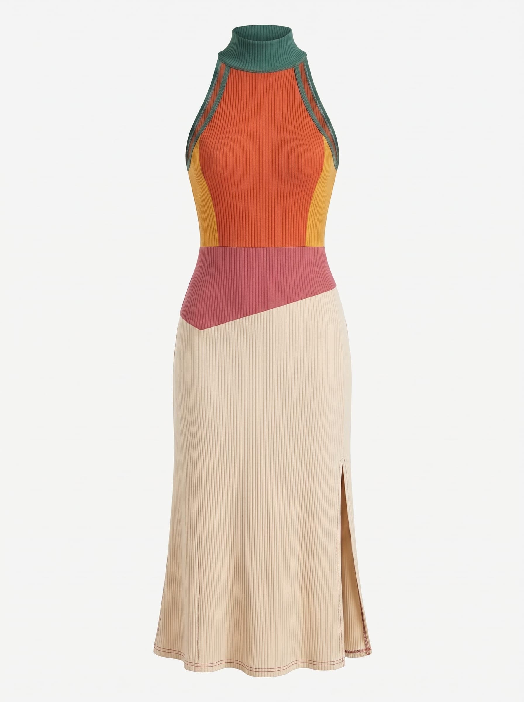 Studio product shot of a colour-block rib knit midi dress
