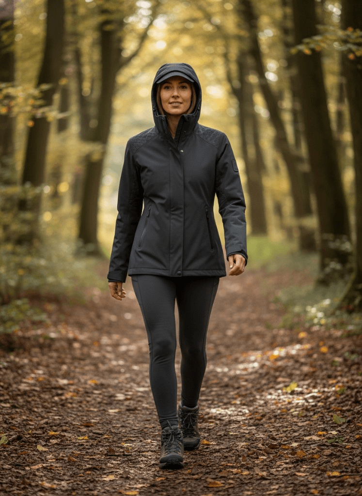 Photoreal lifestyle mockup of an outerwear jacket generated in Clothink — showing design and proportions before sampling