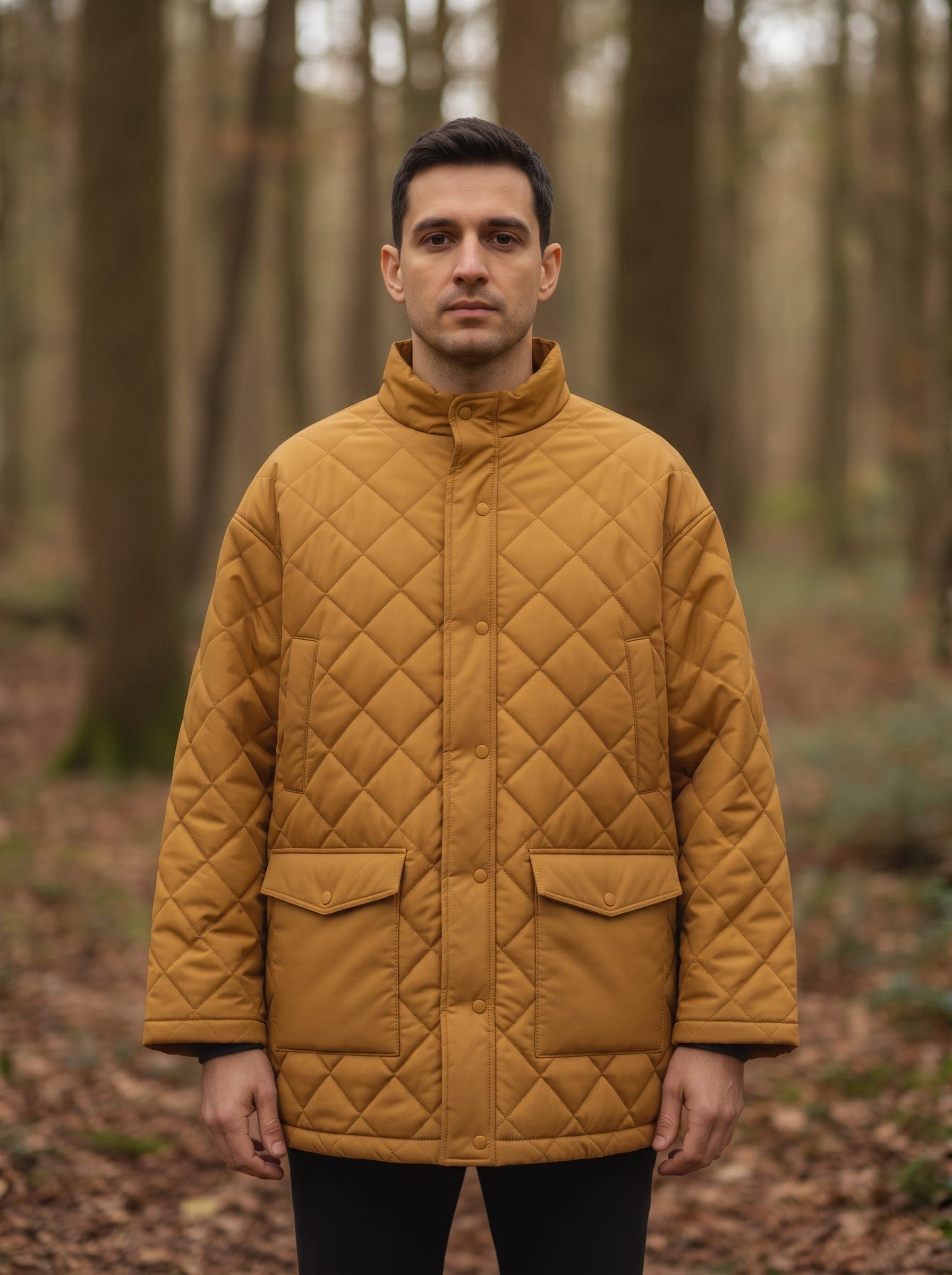 Front on-model mockup of a mustard quilted shacket