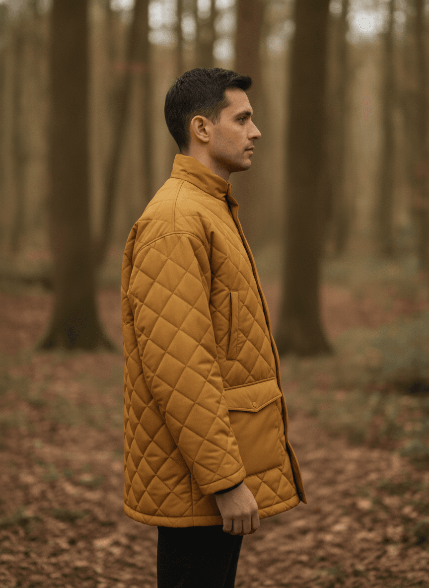 Side on-model photoreal mockup of a mustard quilted shacket
