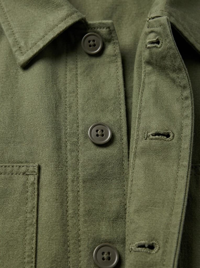 Closure close-up of olive canvas utility shacket