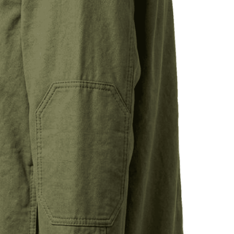 Elbow close-up of olive canvas utility shacket