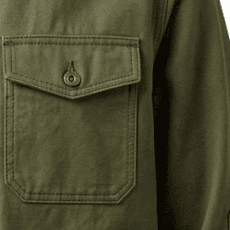 Pocket close-up of olive canvas utility shacket