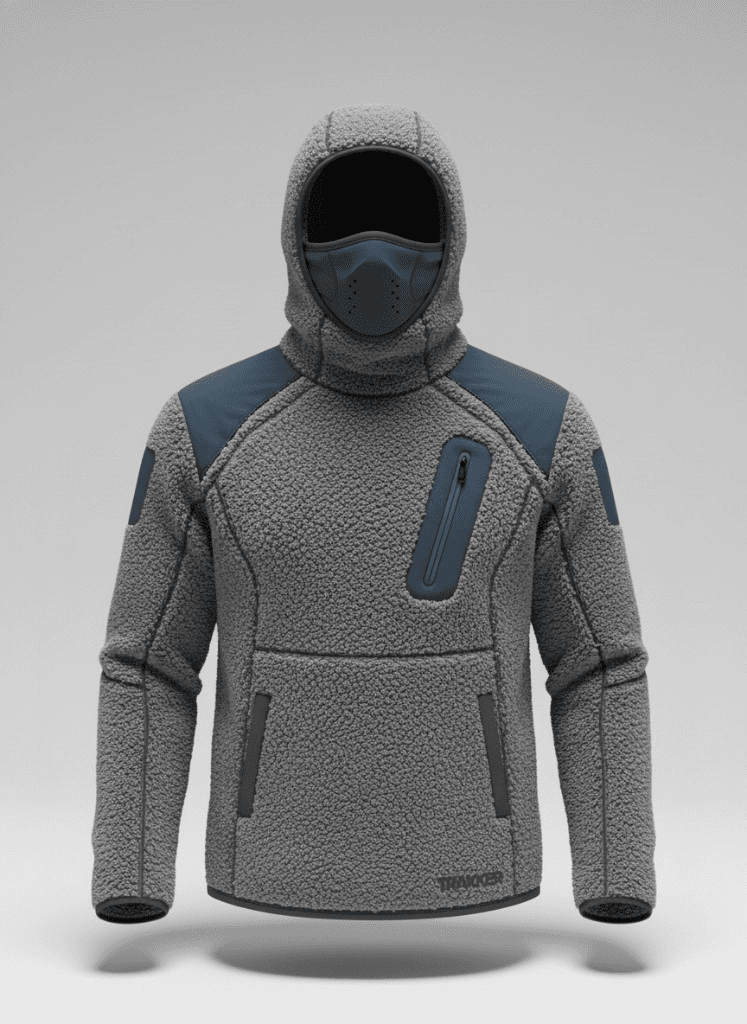Photoreal studio mockup of a sherpa fleece hoodie on a model