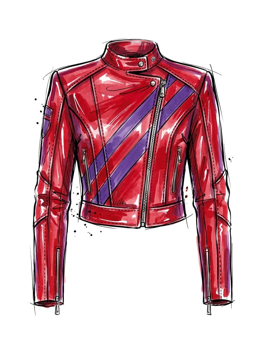Coloured fashion sketch of a cherry red moto jacket with violet racing stripe, generated in clothink