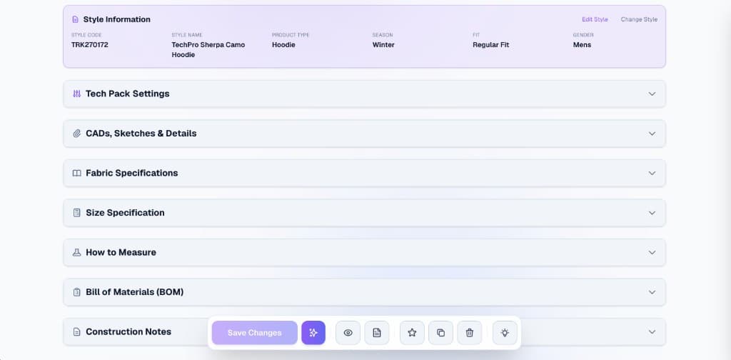 clothink tech pack editor — Style Information, BOM, size spec, construction notes and export actions
