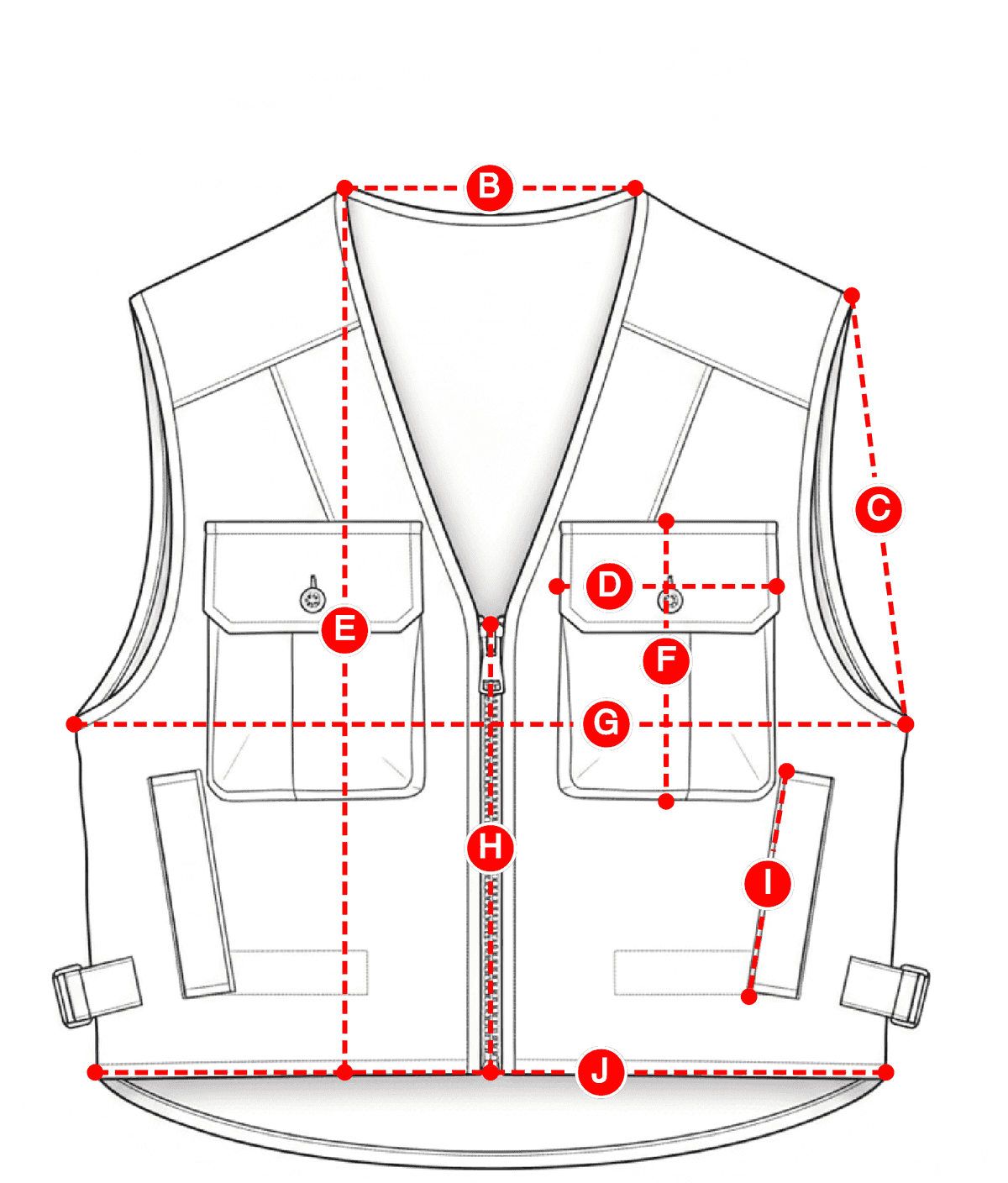 How to Measure page on a utility vest flat, with lettered red measurement lines