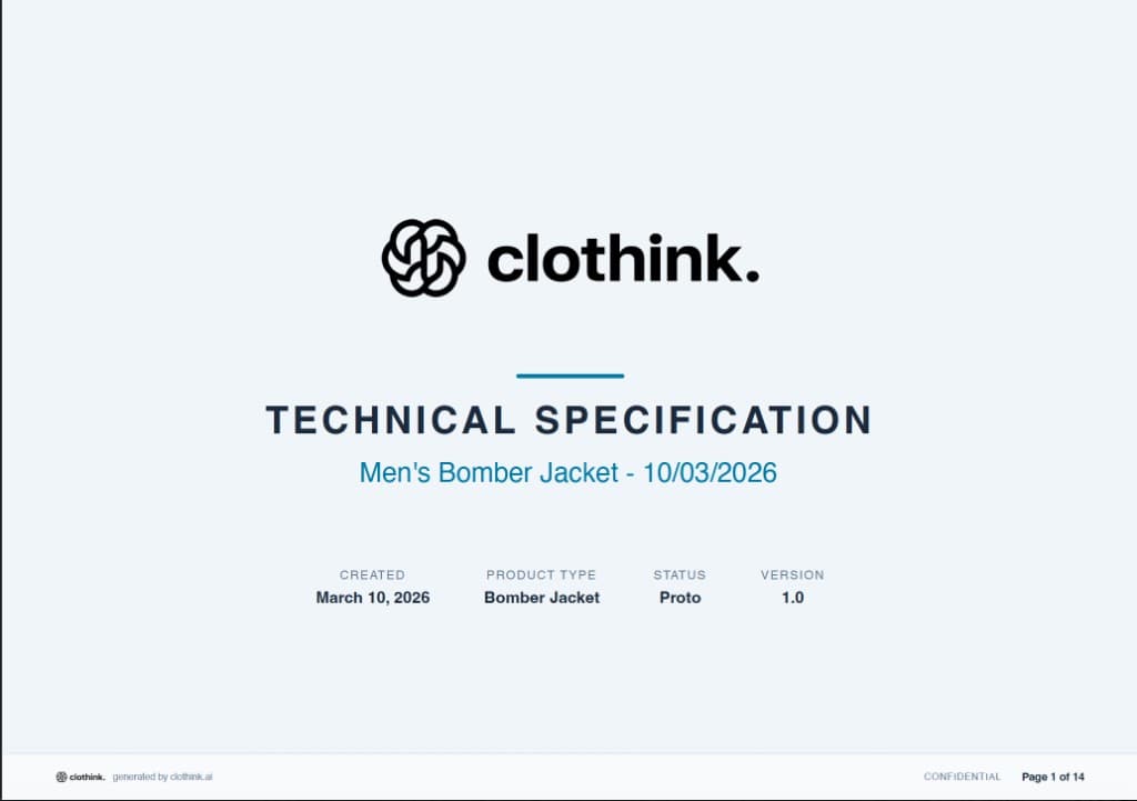 clothink technical specification PDF cover — example tech pack export (page 1 of 14)