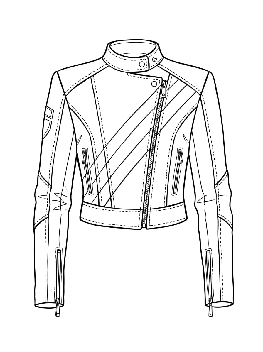 Black-and-white technical flat of a cherry red moto jacket with violet racing stripe, generated in clothink
