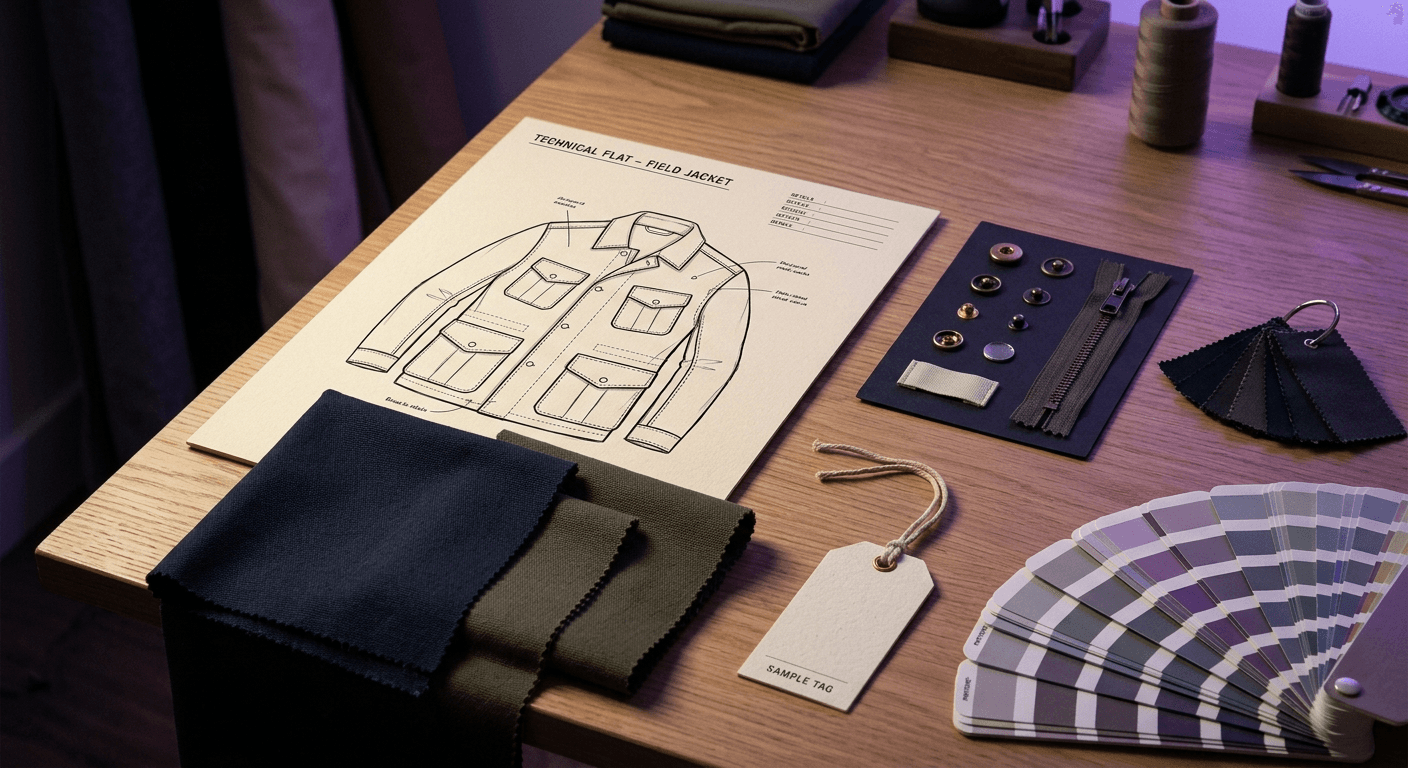 Apparel development still life with technical flat, fabric swatches, trim card, lab-dip chips and sample tag on a desk — clothing manufacturing terms guide hero