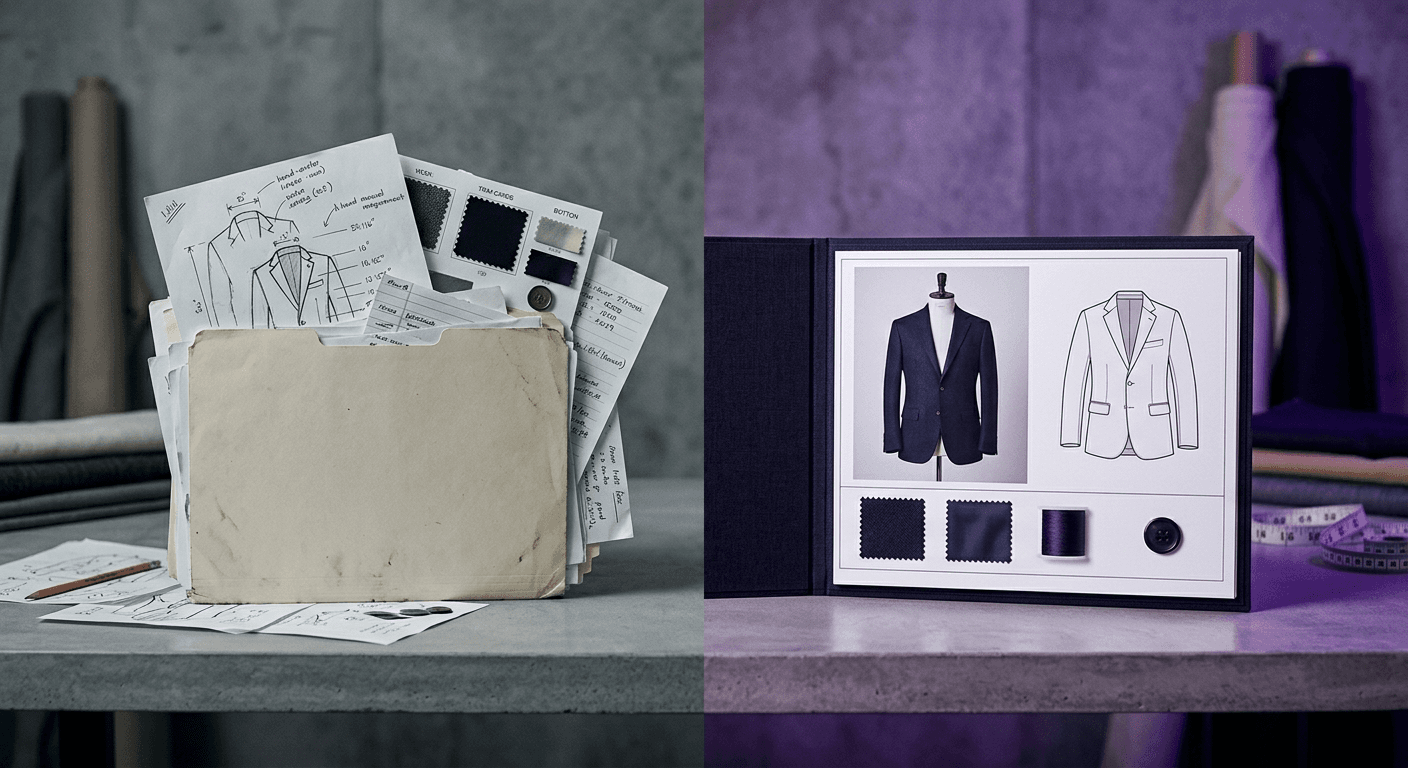 Versus editorial split — overstuffed manila folder of duplicate spec pages on the left in grey light; slim open portfolio with garment mockup, flat and swatches on the right in purple studio light
