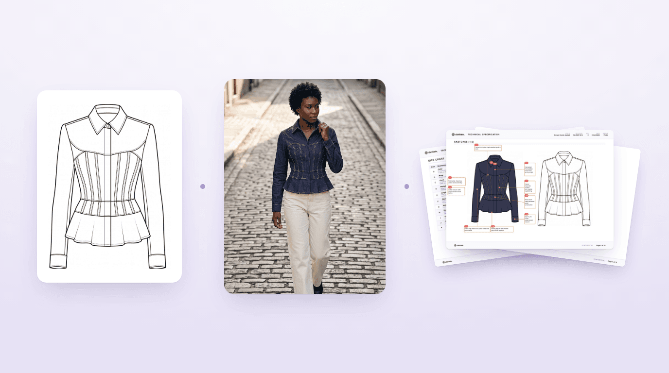 One indigo corset denim jacket shown three ways: a technical flat, a photoreal on-model mockup and fanned pages of its exported tech pack