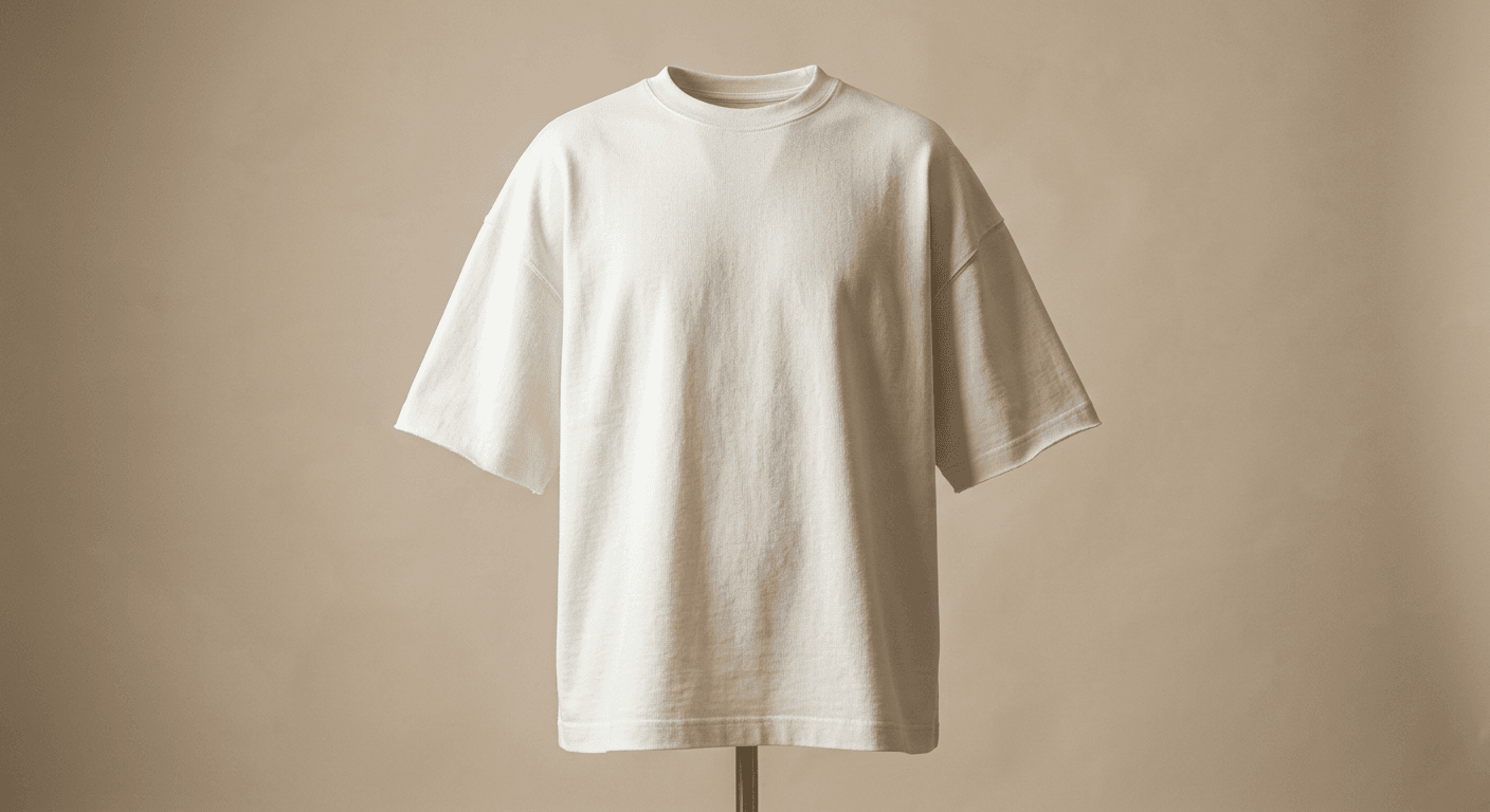 Boxy oversized heavyweight off-white T-shirt on a soft studio background — clothing brand idea article hero