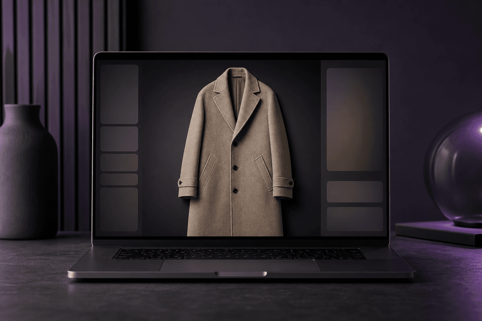 Editorial blog cover — laptop showing a wool overcoat mockup in a dark fashion workspace, no text