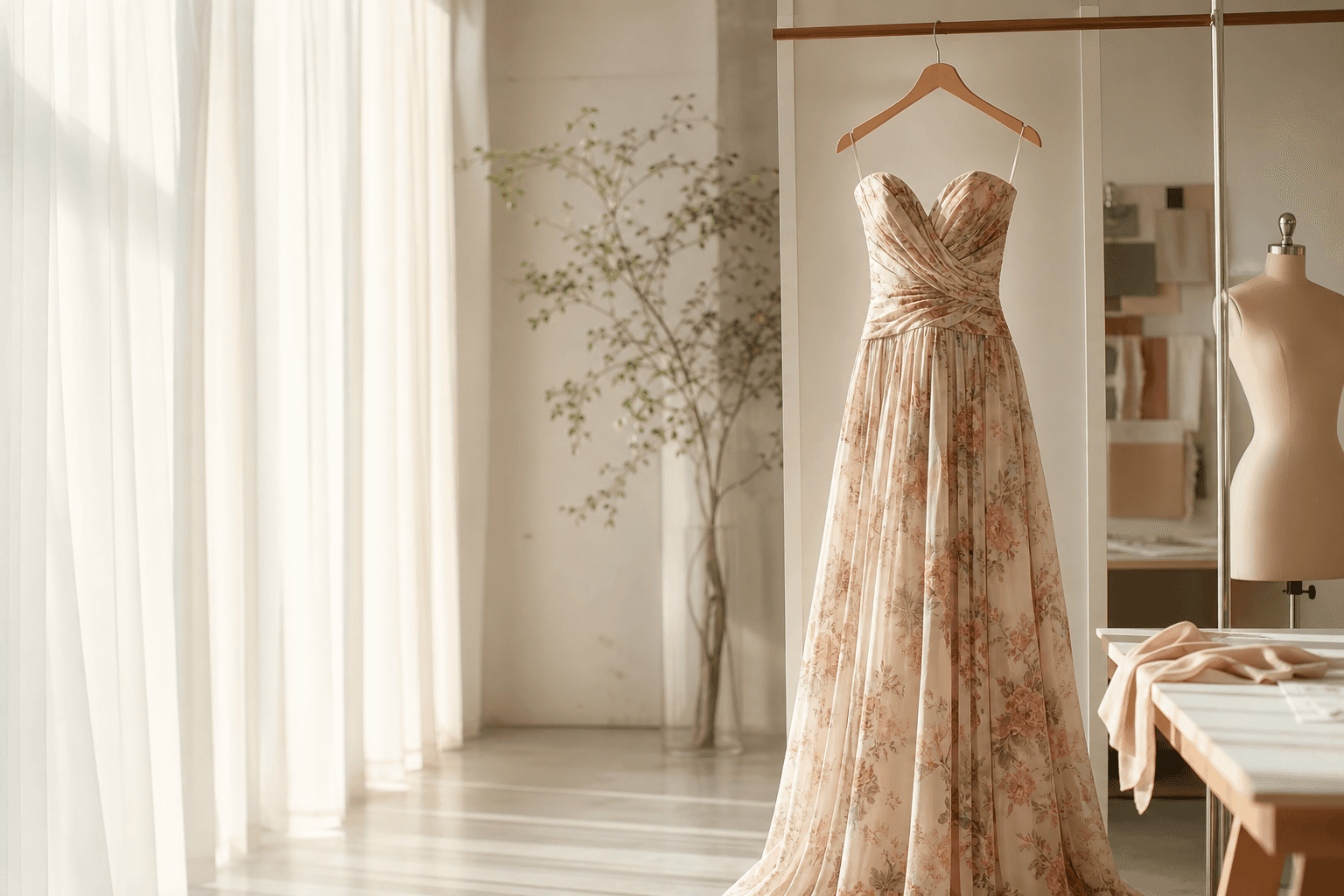 Editorial blog cover — floral maxi dress hanging in a bright design studio with soft morning light