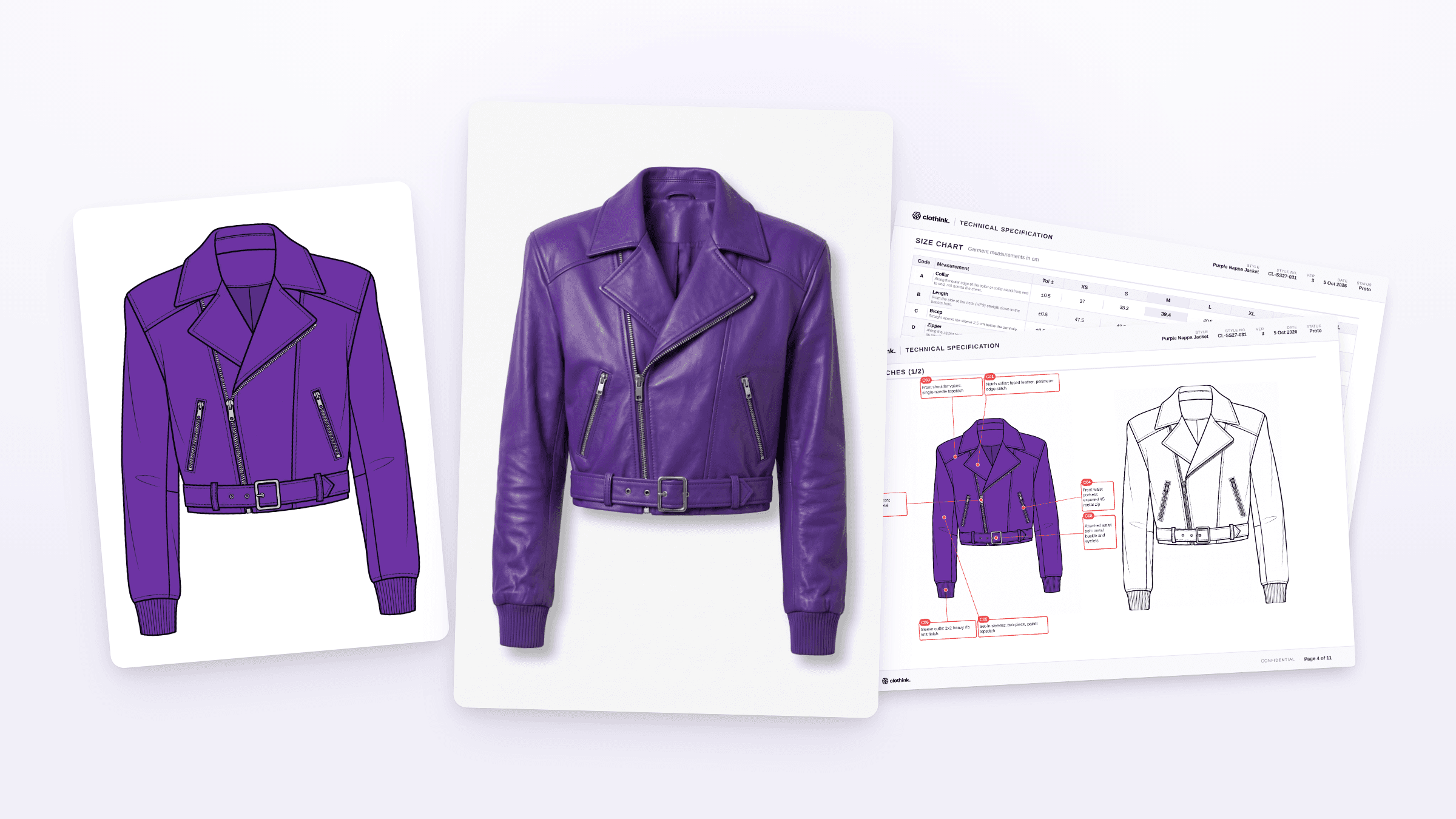 A coloured sketch of a cropped purple leather jacket, the same jacket as a photoreal product shot, and two pages of its tech pack
