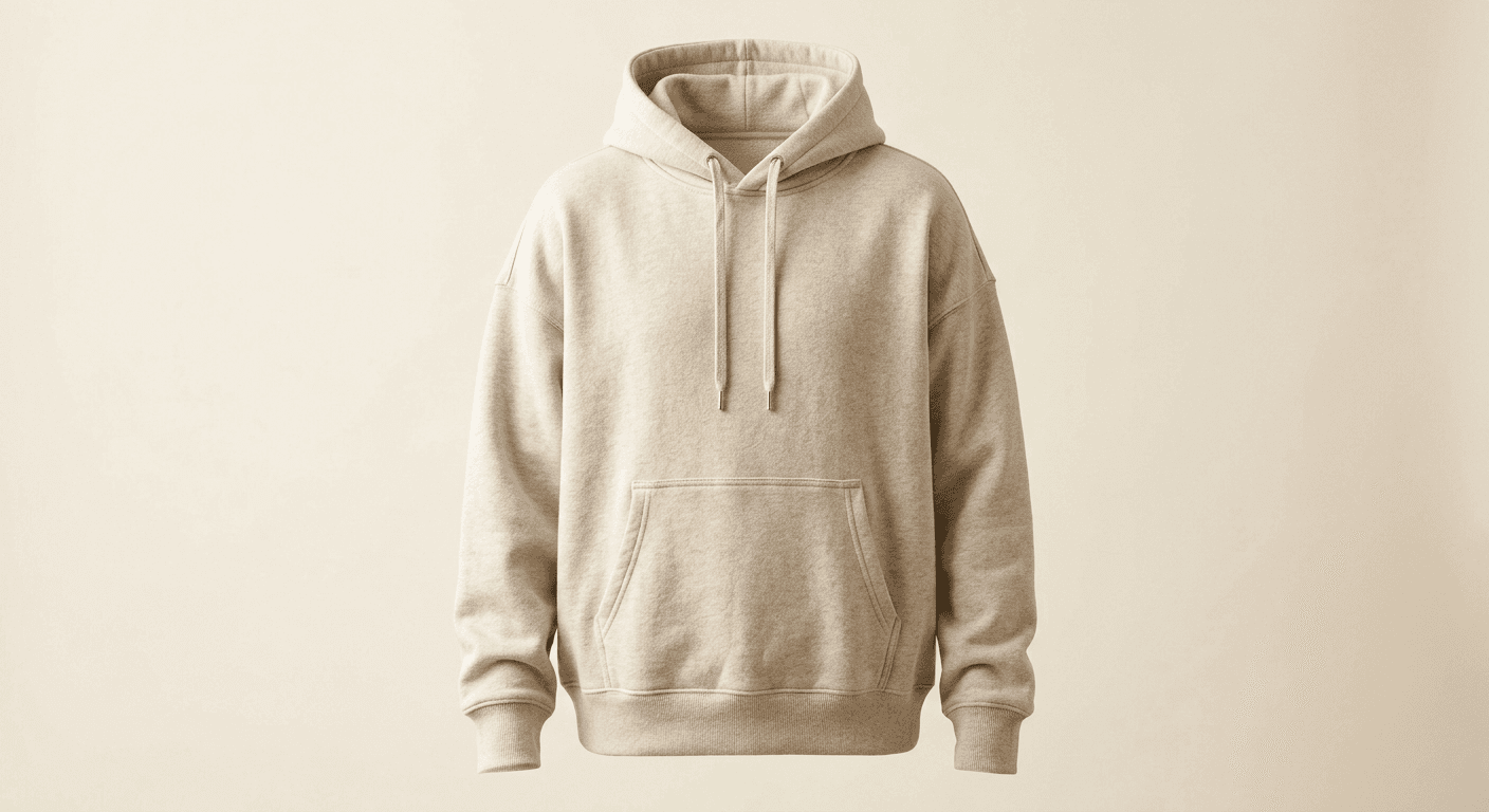 Boxy heavyweight oatmeal hoodie on a soft studio background — tech pack mistakes article hero