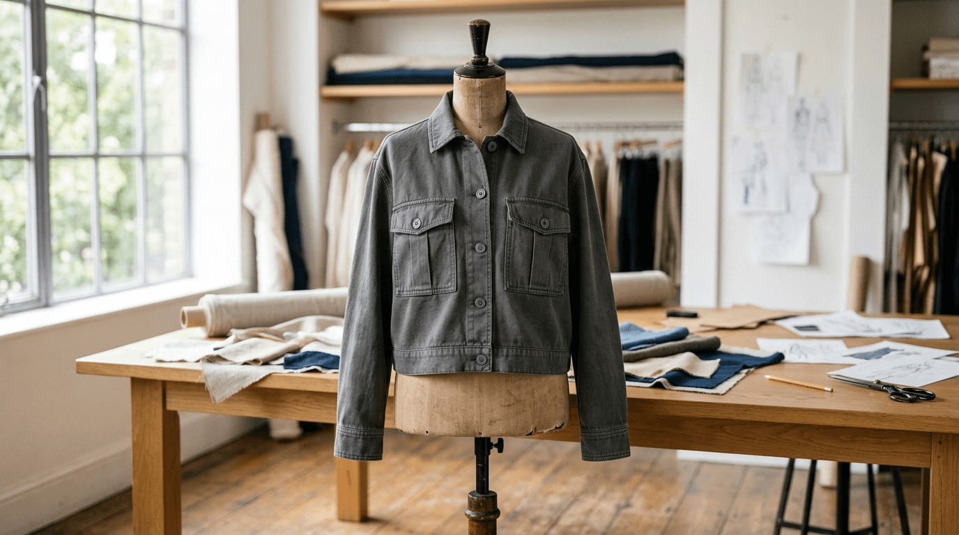 A charcoal cotton twill utility jacket on a dress form in a bright design studio, with fabric swatches and sketches on the worktable behind