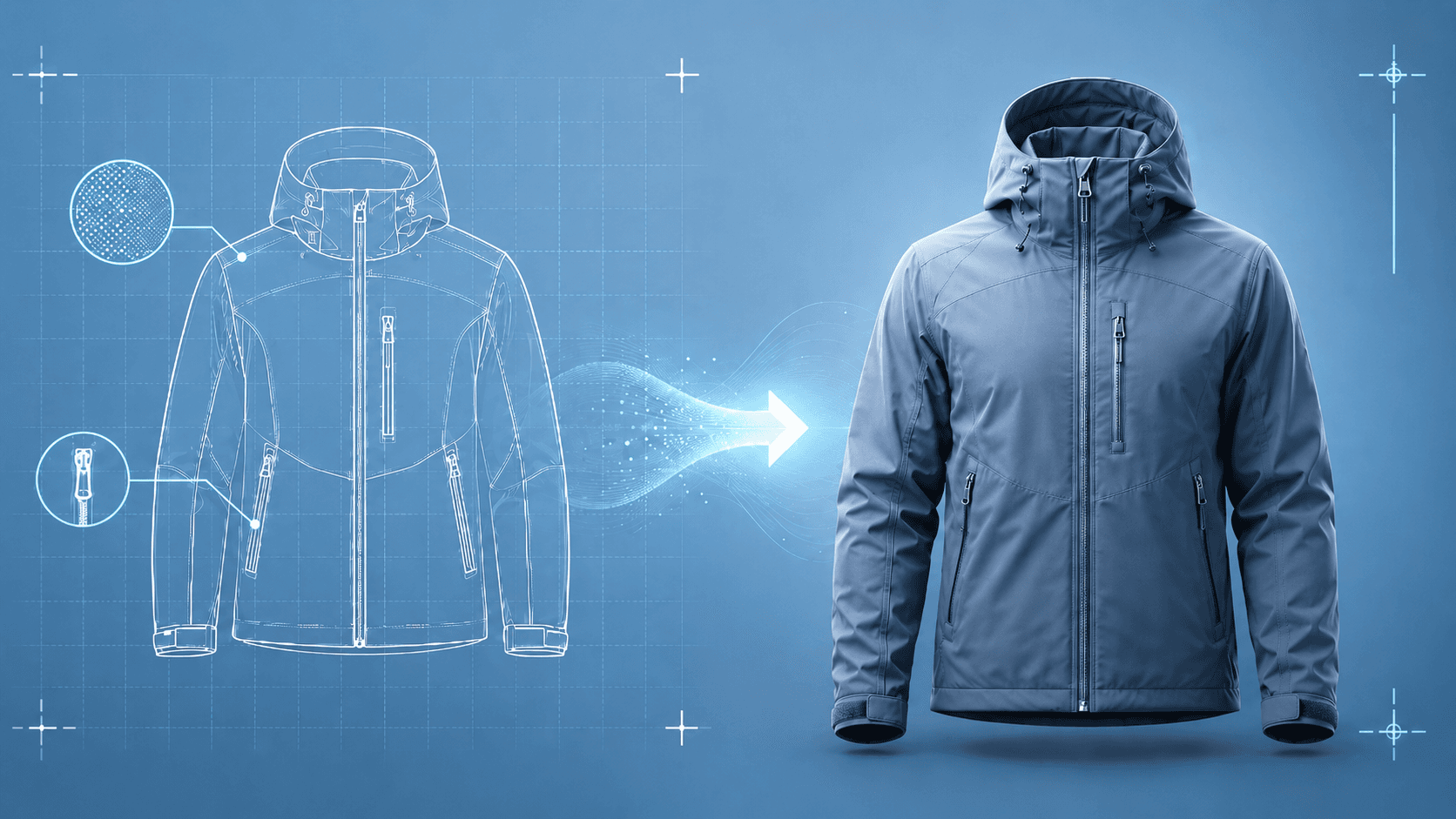 Flat CAD to photoreal mockup with AI — front view, clothink marketing hero for CAD-to-mockup story