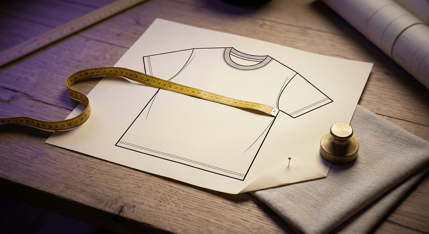 Technical T-shirt flat with measuring tape across the chest line, fabric swatch and pattern weight on a desk — production size chart guide hero