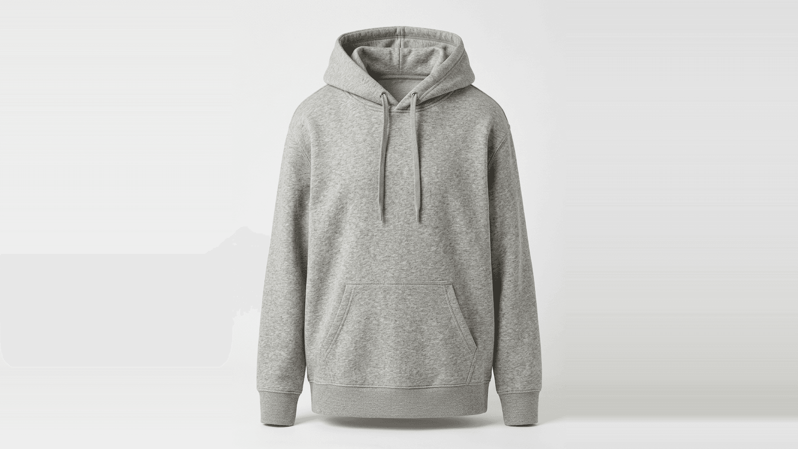 AI-generated photoreal mockup of a heather grey pullover hoodie with a kangaroo pocket and flat drawcord, on a ghost mannequin against a pale grey background