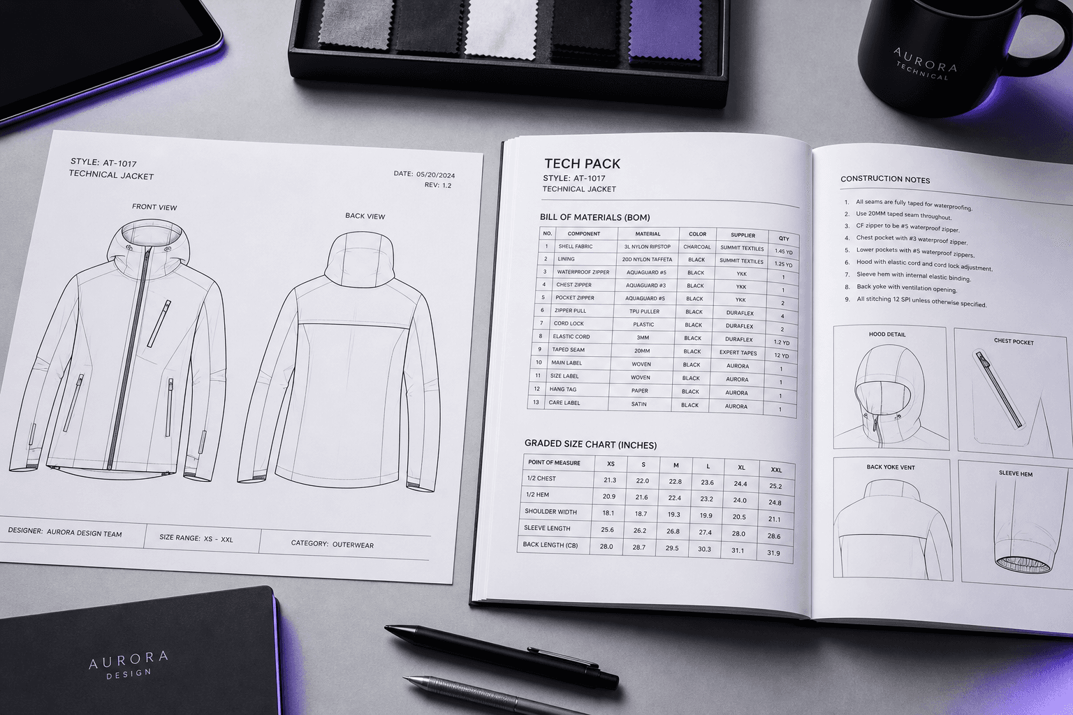 AI-assisted fashion tech pack — technical flat, BOM and size chart in one production document