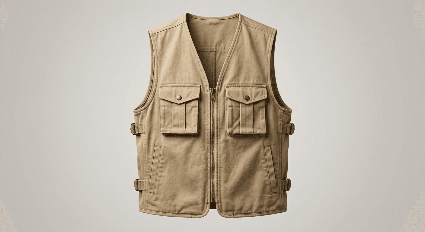 A sand-coloured cotton twill utility vest on an invisible mannequin, no text