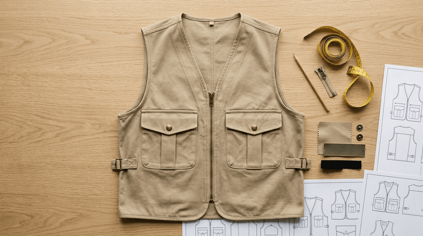 A sand-coloured cotton twill utility vest laid flat on an oak table with a tape measure, zip, trim swatches and printed technical drawings of the vest